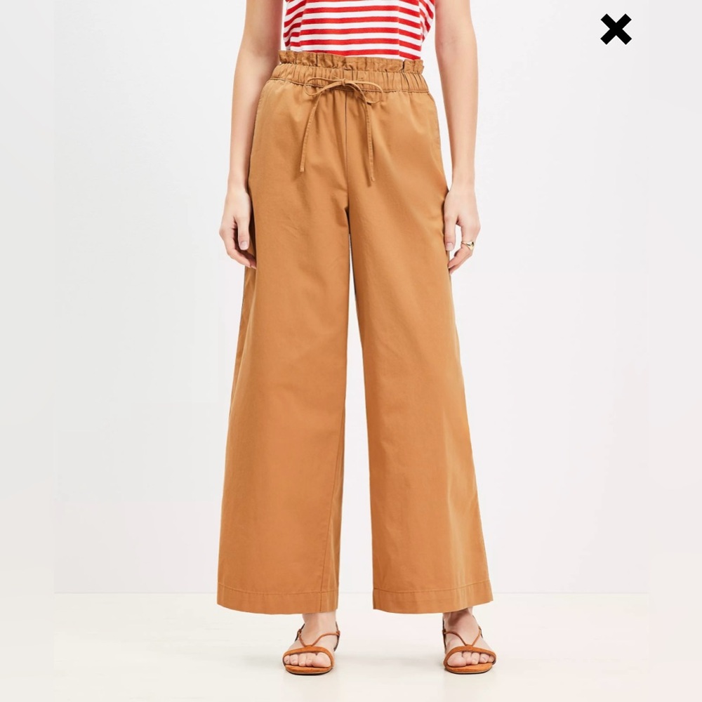 Loft Breezy Wide Leg‎ Ankle Pants Twill XL Brown Camel Paperbag Drawstring NWT